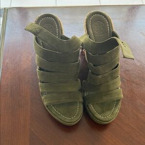 Tory Burch Olive Suede Multi-Strap Wedge Sandals